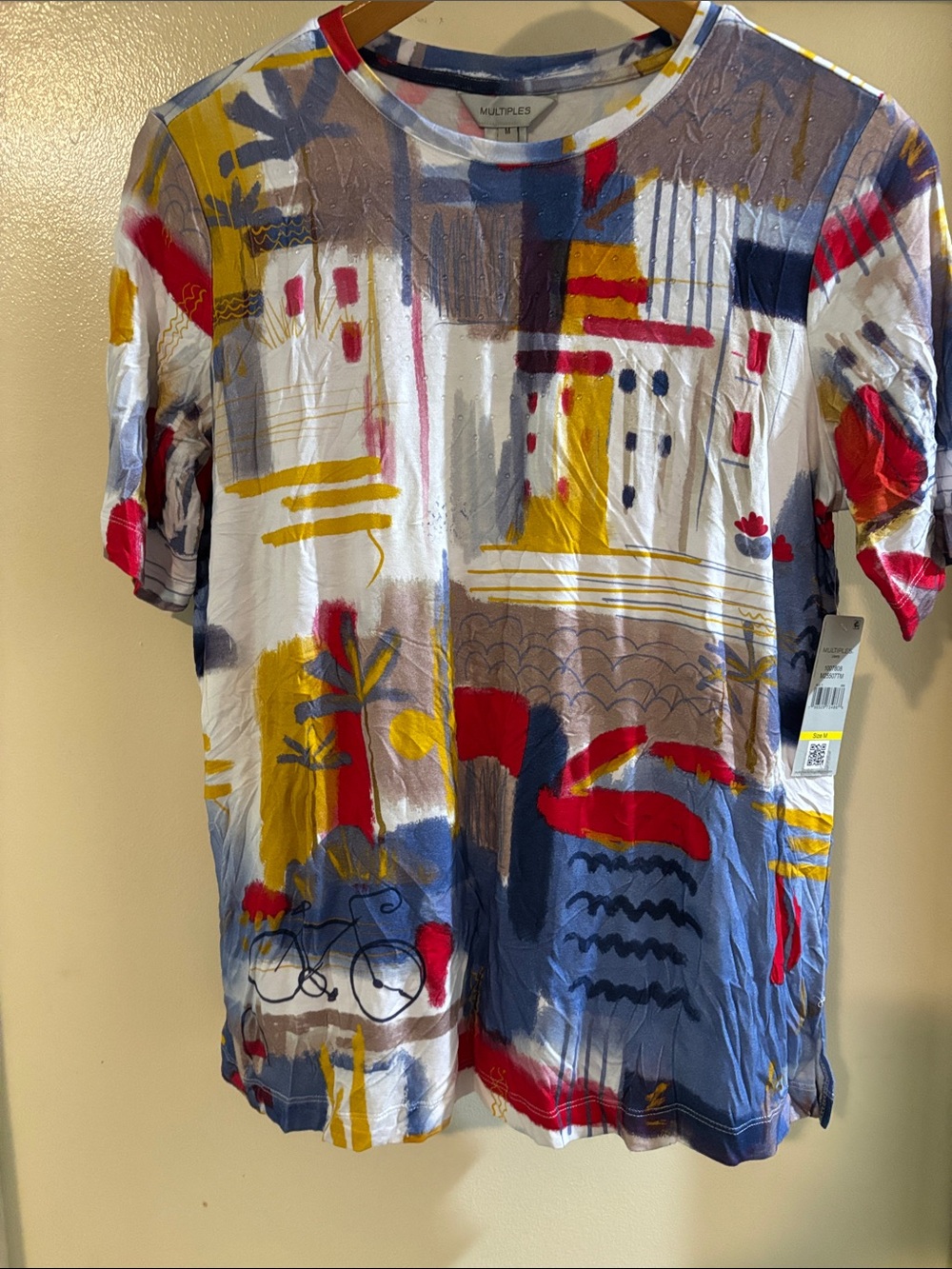 Multiples Multicolor Abstract Graphic Short Sleeve Tee - Blue Red Yellow NWT MED